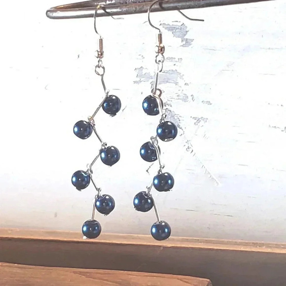Handcrafted Blue Glass Pearl Long Zig Zag Geometric Dangle Earrings - Picture 7 of 8